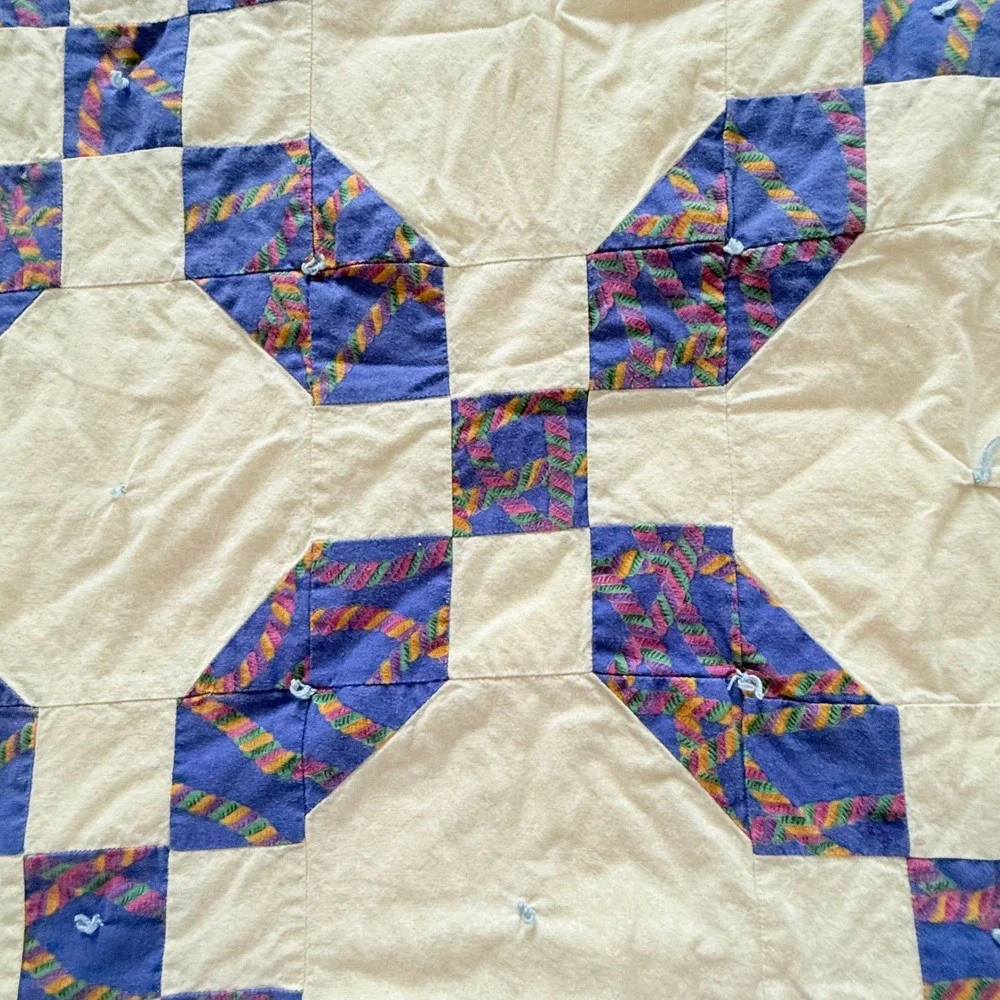 VTG Handmade Patchwork Quilt Throw Twin Purple Cream Tied Cottagecore 1990